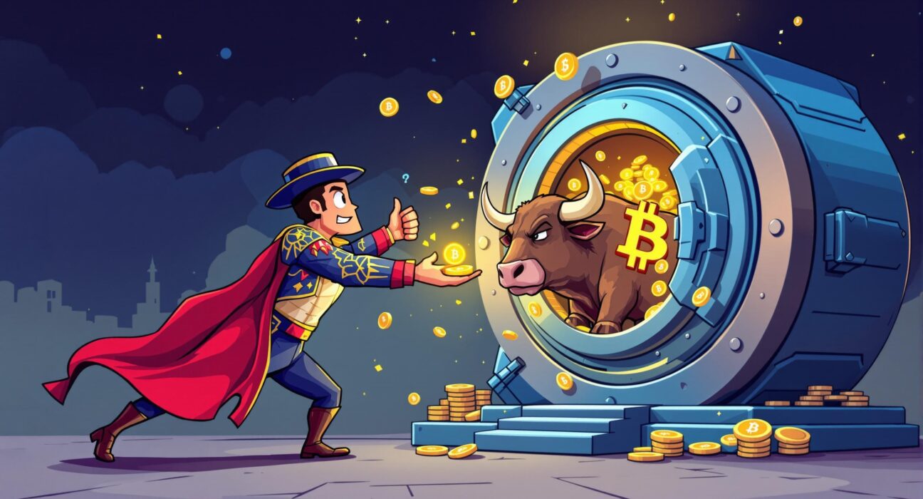A cartoon matador strategically guiding a bull towards a vault of digital assets, symbolizing Matador Technologies' ambitious Bitcoin accumulation goal.