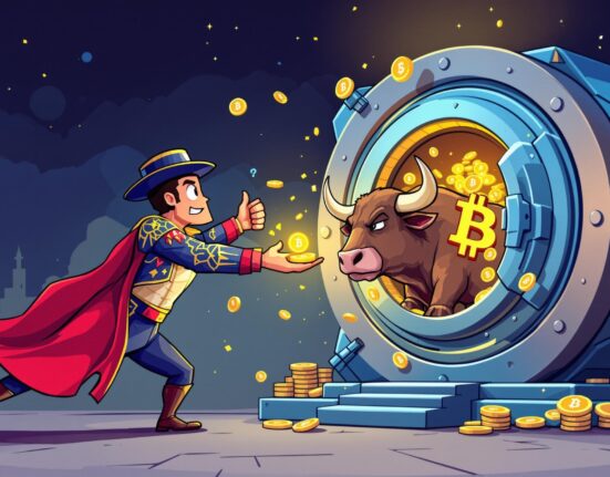 A cartoon matador strategically guiding a bull towards a vault of digital assets, symbolizing Matador Technologies' ambitious Bitcoin accumulation goal.