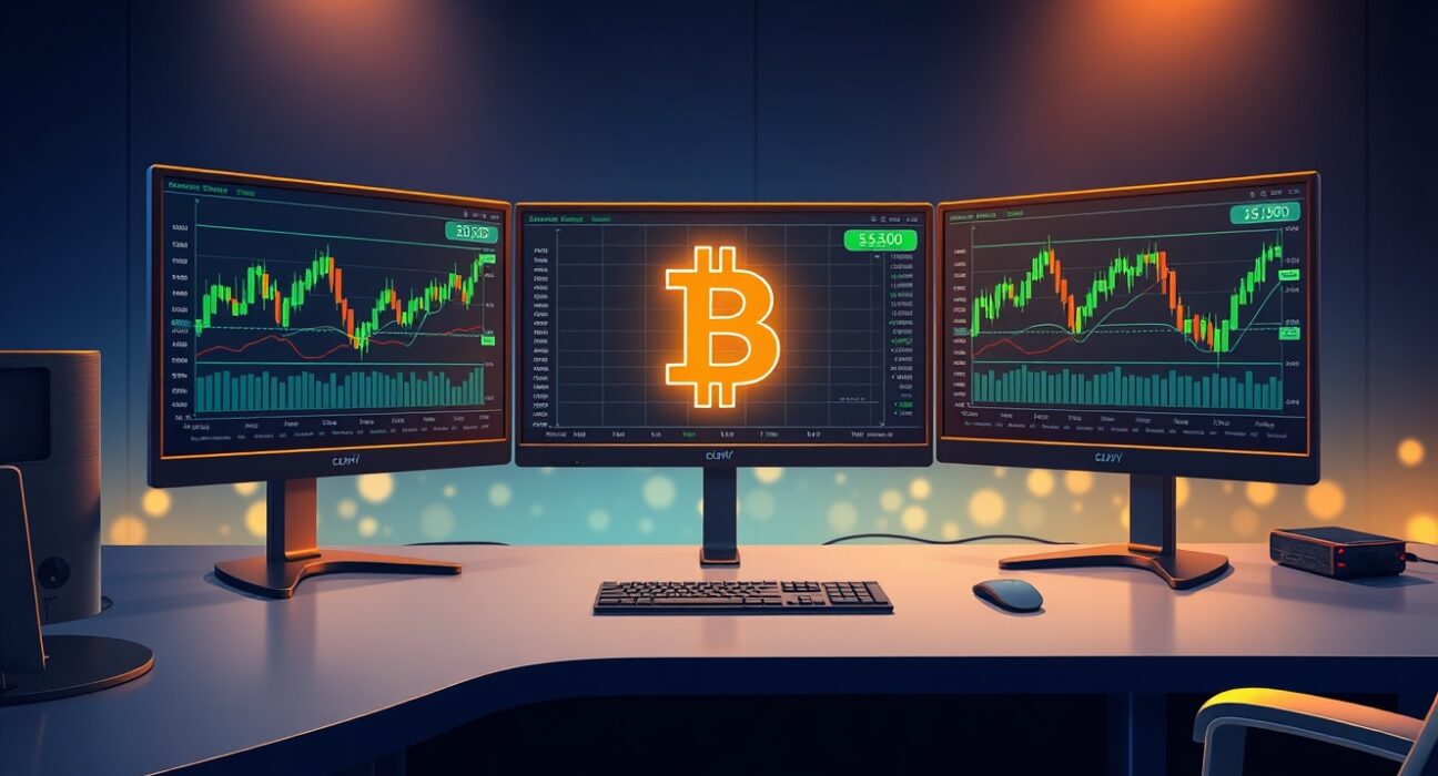 Bitcoin trading desk with monitors showing accumulation signals and price charts