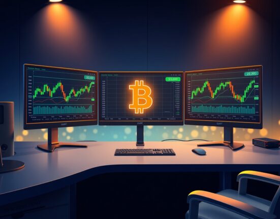 Bitcoin trading desk with monitors showing accumulation signals and price charts