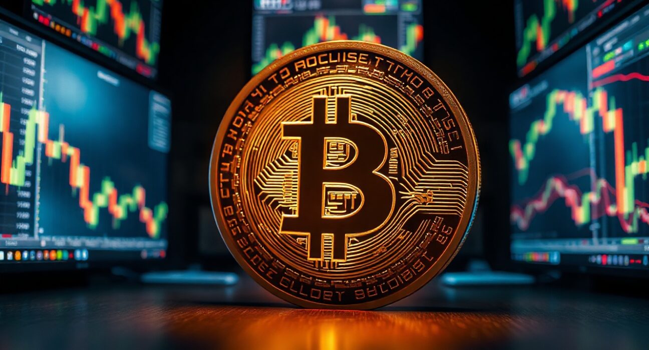 Bitcoin coin on a trading desk with monitors showing market charts, representing renewed buying pressure.