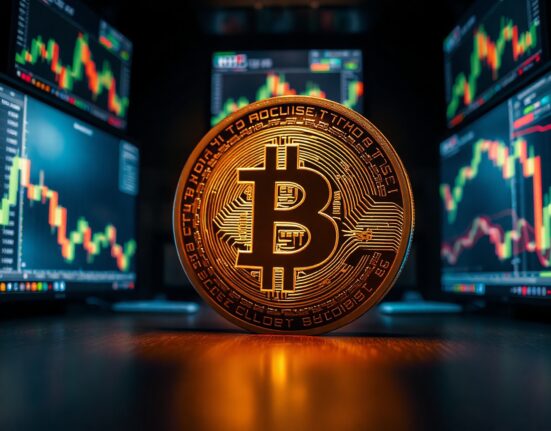 Bitcoin coin on a trading desk with monitors showing market charts, representing renewed buying pressure.