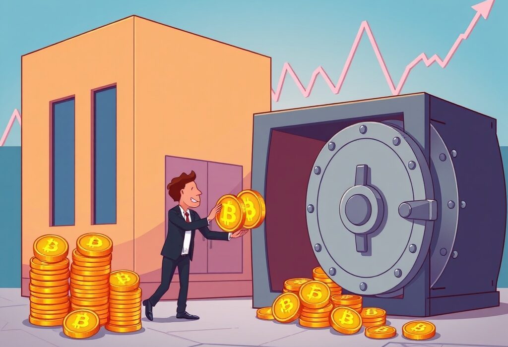 A cartoon showing a corporate entity discreetly adding Bitcoin to a vault, illustrating an effective Bitcoin accumulation strategy without market impact.