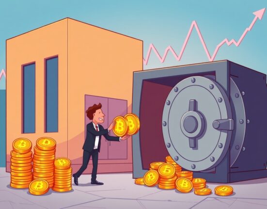 A cartoon showing a corporate entity discreetly adding Bitcoin to a vault, illustrating an effective Bitcoin accumulation strategy without market impact.