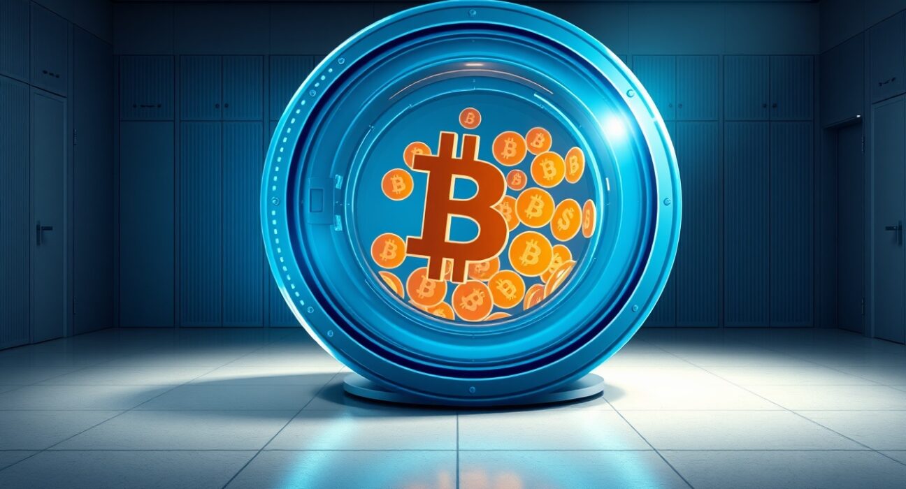 Conceptual image of a corporate Bitcoin accumulation strategy represented as a digital vault.