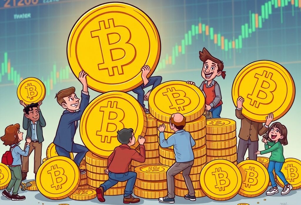 A cartoon illustration showing short-term BTC holders actively engaged in Bitcoin accumulation, symbolizing market trends.