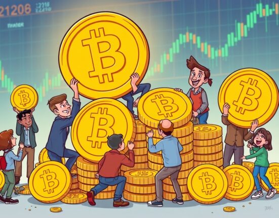 A cartoon illustration showing short-term BTC holders actively engaged in Bitcoin accumulation, symbolizing market trends.