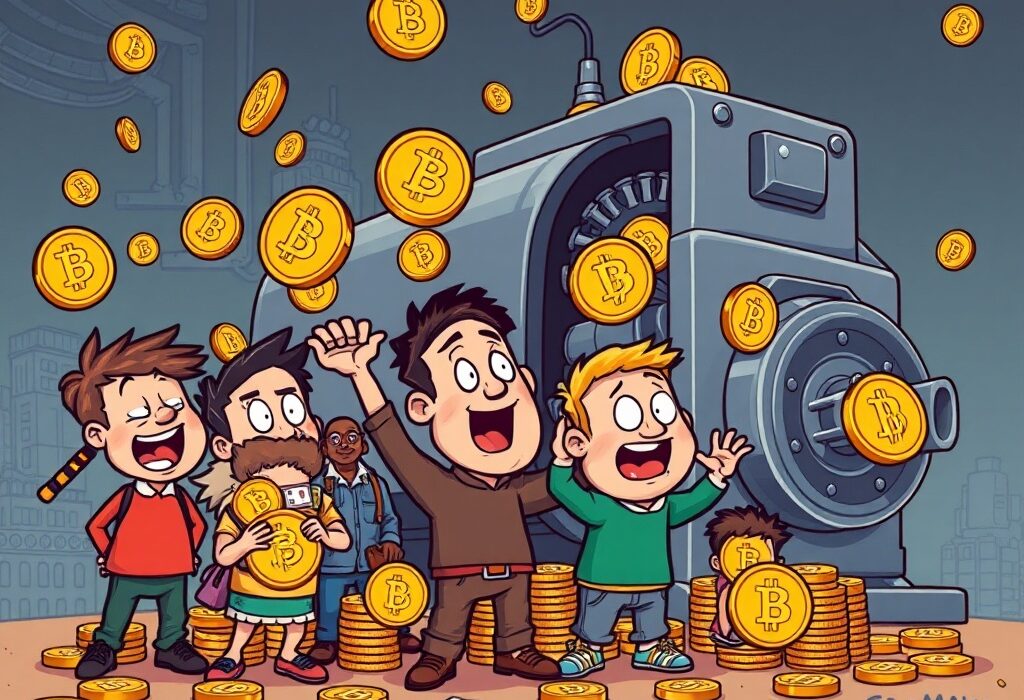 A cartoon illustrating small Bitcoin investors rapidly increasing their Bitcoin accumulation, highlighting the sub-100 BTC wallets' impact.