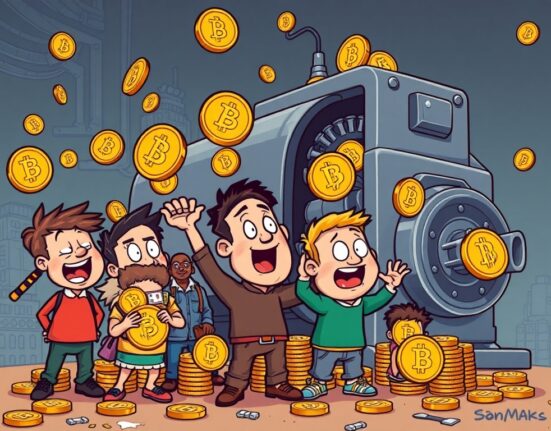 A cartoon illustrating small Bitcoin investors rapidly increasing their Bitcoin accumulation, highlighting the sub-100 BTC wallets' impact.