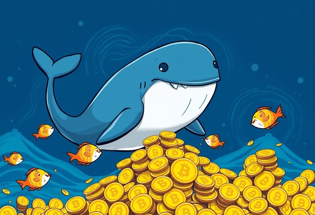 A cartoon whale pushing Bitcoin coins, symbolizing the significant increase in Bitcoin accumulation by large investors.
