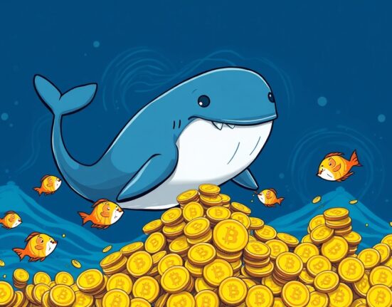 A cartoon whale pushing Bitcoin coins, symbolizing the significant increase in Bitcoin accumulation by large investors.