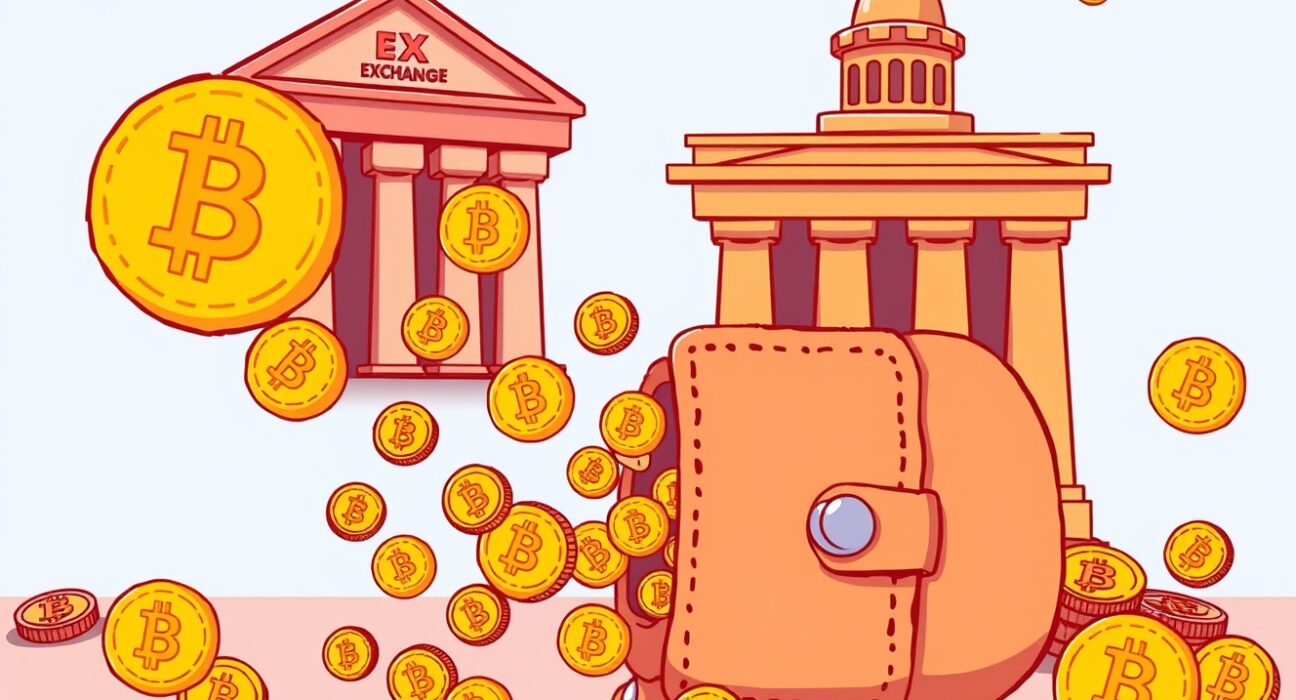 Cartoon illustration showing significant Bitcoin accumulation by large wallets, indicating long-term holding trends in the crypto market.