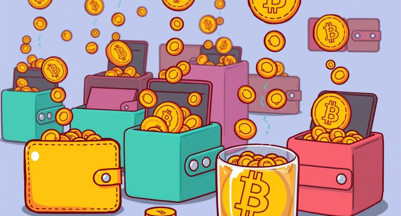 A cartoon illustration showing digital wallets rapidly increasing their Bitcoin accumulation, signaling strong investor confidence.
