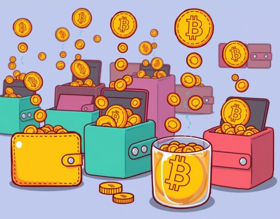 A cartoon illustration showing digital wallets rapidly increasing their Bitcoin accumulation, signaling strong investor confidence.