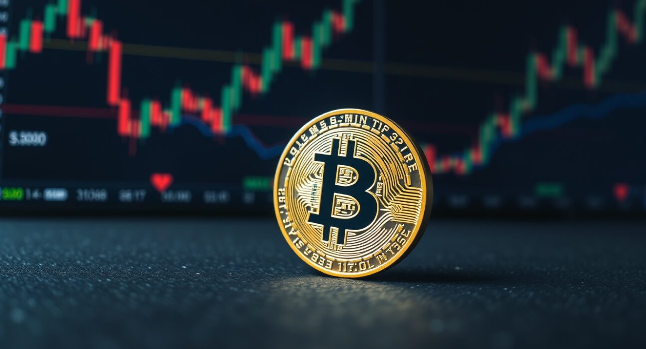 Bitcoin coin on trading desk with blurred market charts in background