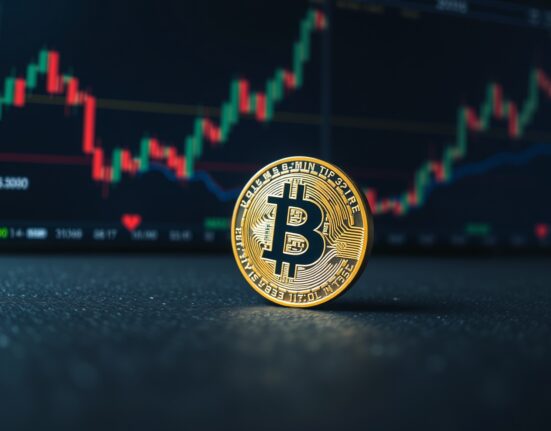 Bitcoin coin on trading desk with blurred market charts in background