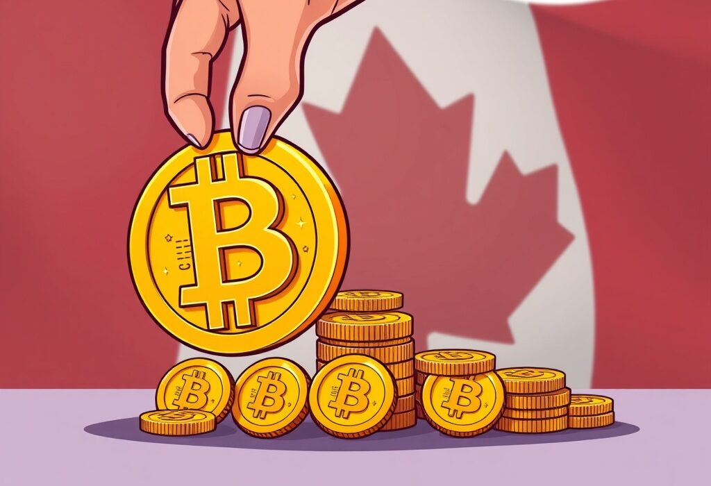 A cartoon illustration depicting the strategic Bitcoin acquisition by a Canadian firm, showing a growing stack of digital assets.