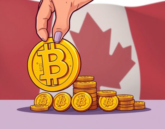 A cartoon illustration depicting the strategic Bitcoin acquisition by a Canadian firm, showing a growing stack of digital assets.