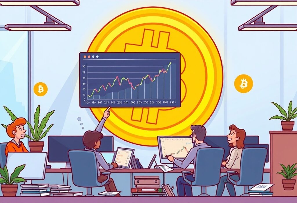 Cartoon illustration depicting The Smarter Web Company celebrating a significant Bitcoin acquisition, symbolizing growth in digital assets.
