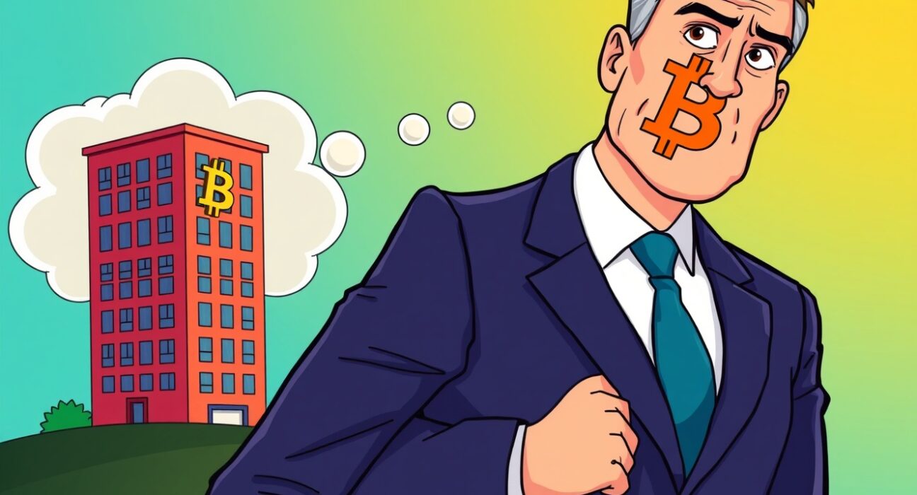 Cartoon showing a company executive strategizing a Bitcoin acquisition to boost corporate crypto holdings and market presence.