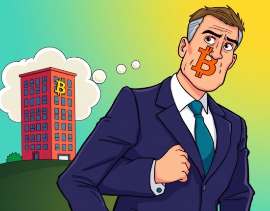 Cartoon showing a company executive strategizing a Bitcoin acquisition to boost corporate crypto holdings and market presence.