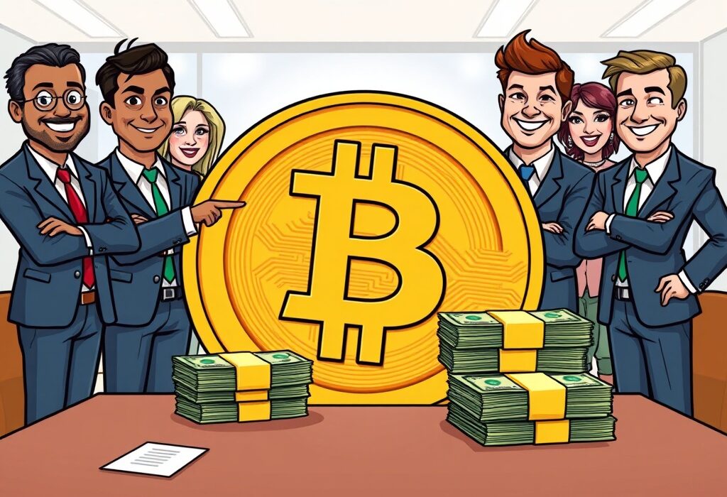 Cartoon illustration of a significant Bitcoin acquisition, showing a corporate entity's strategic BTC purchase and growing institutional Bitcoin holdings.