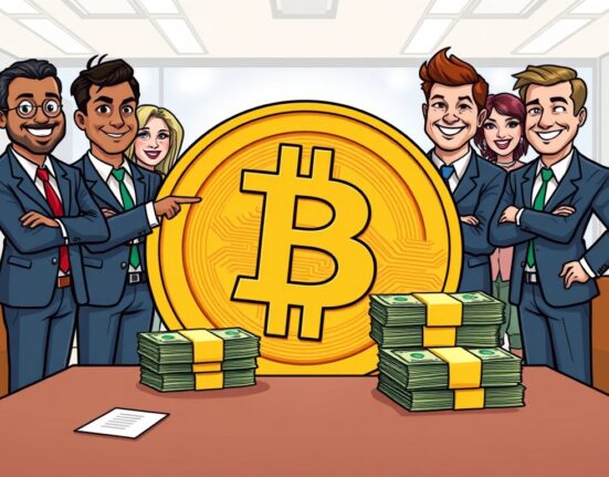 Cartoon illustration of a significant Bitcoin acquisition, showing a corporate entity's strategic BTC purchase and growing institutional Bitcoin holdings.