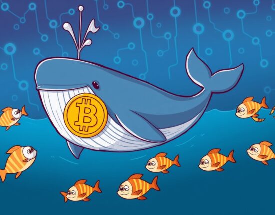 Cartoon illustrating the shift in Bitcoin active addresses from retail to institutional investors after ETF launch.