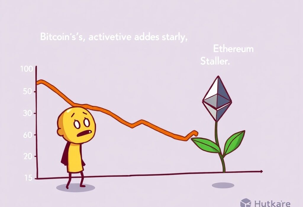 A cartoon illustration showing a significant decline in Bitcoin daily active addresses compared to stable Ethereum addresses, highlighting network activity.
