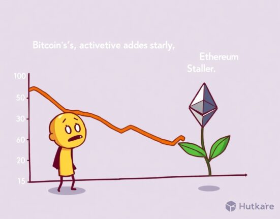 A cartoon illustration showing a significant decline in Bitcoin daily active addresses compared to stable Ethereum addresses, highlighting network activity.