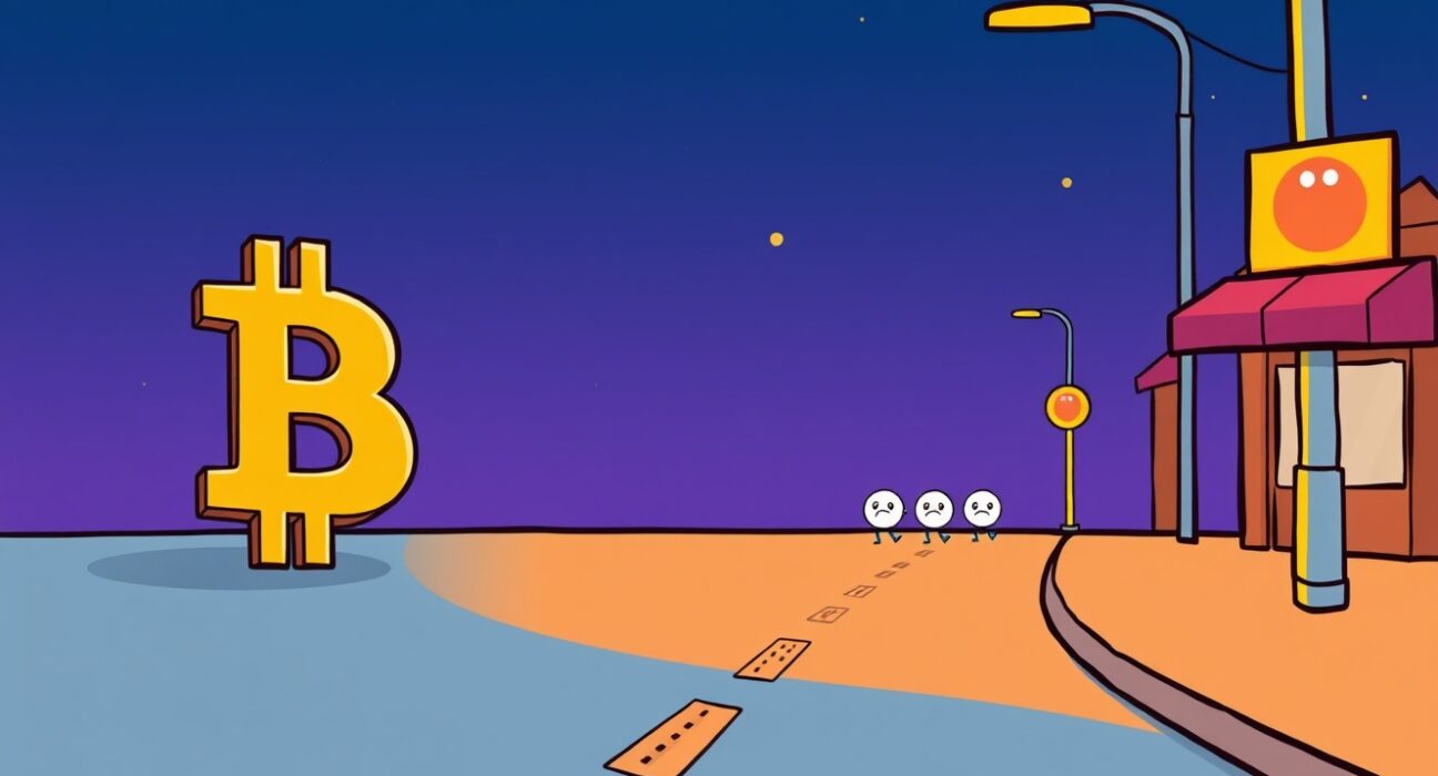 Cartoon illustrating the sharp decline in Bitcoin active addresses and quiet network activity.