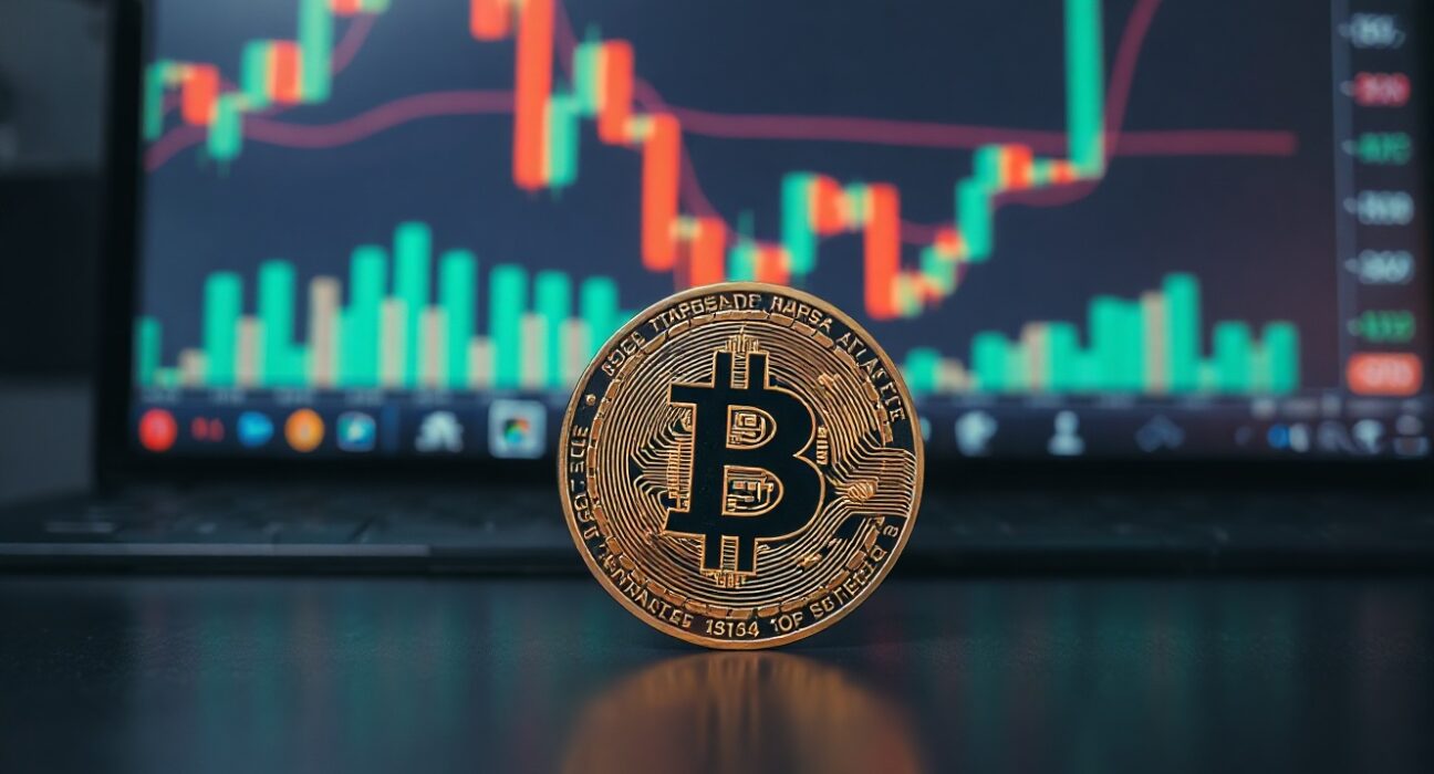 Bitcoin coin on reflective surface with blurred trading charts in background
