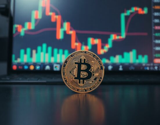 Bitcoin coin on reflective surface with blurred trading charts in background