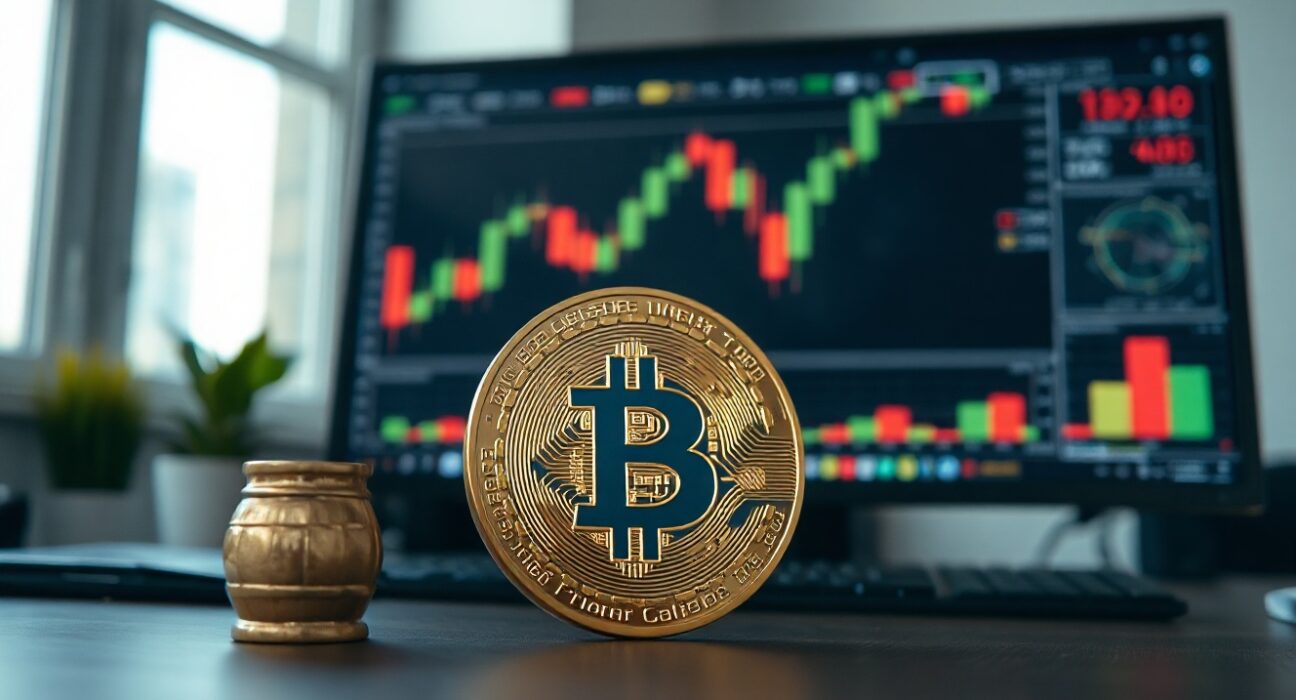 Bitcoin coin in foreground with trading chart and oil barrel in background