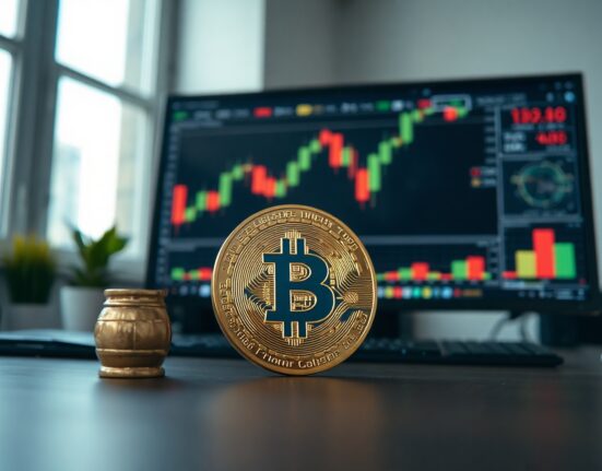 Bitcoin coin in foreground with trading chart and oil barrel in background