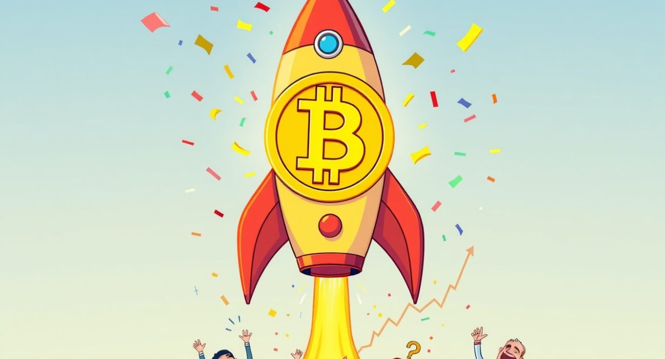 Cartoon illustration predicting Bitcoin all-time high with rocket breaking through price ceiling