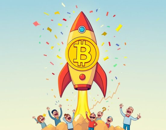 Cartoon illustration predicting Bitcoin all-time high with rocket breaking through price ceiling