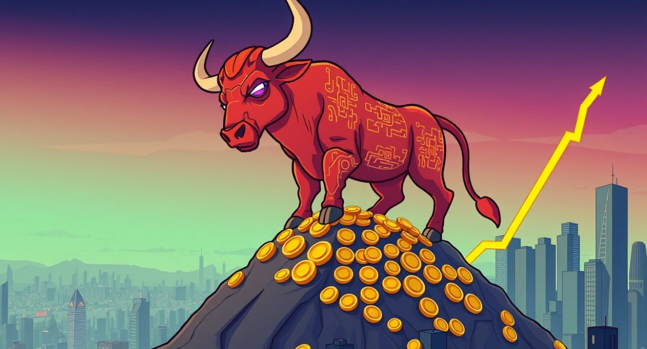 A vibrant cartoon bull on a coin mountain predicts a new Bitcoin all-time high in a mature market cycle.