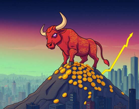 A vibrant cartoon bull on a coin mountain predicts a new Bitcoin all-time high in a mature market cycle.