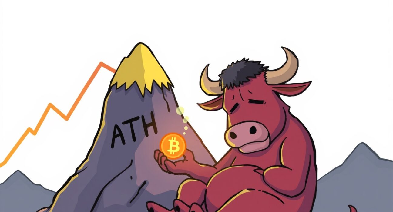 A cartoon illustration showing a Bitcoin symbol ascending, representing a potential new Bitcoin all-time high.