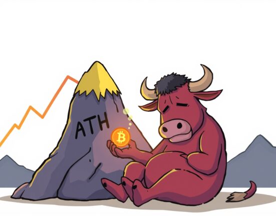 A cartoon bull lamenting Bitcoin's all-time high may never be reached again.