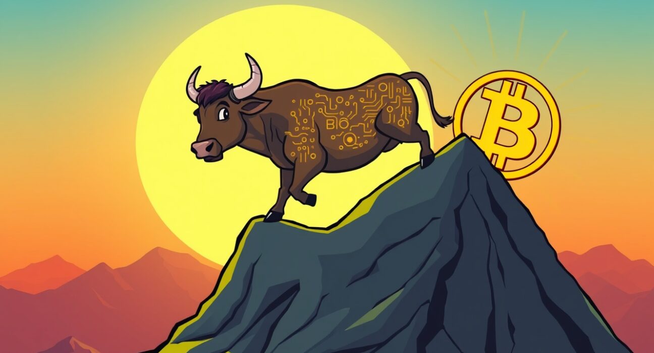 A cartoon bull representing the Bitcoin all-time high prediction climbing a mountain shaped like a Bitcoin.