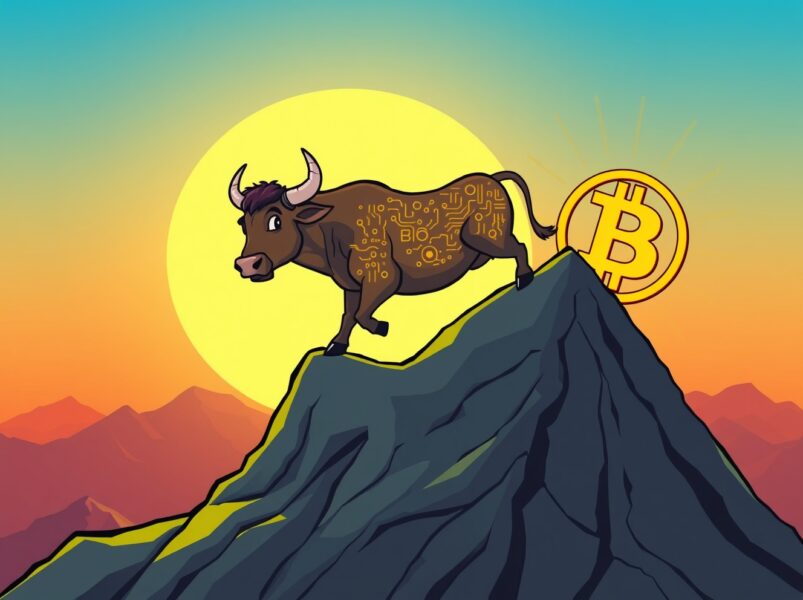 A cartoon bull representing the Bitcoin all-time high prediction climbing a mountain shaped like a Bitcoin.