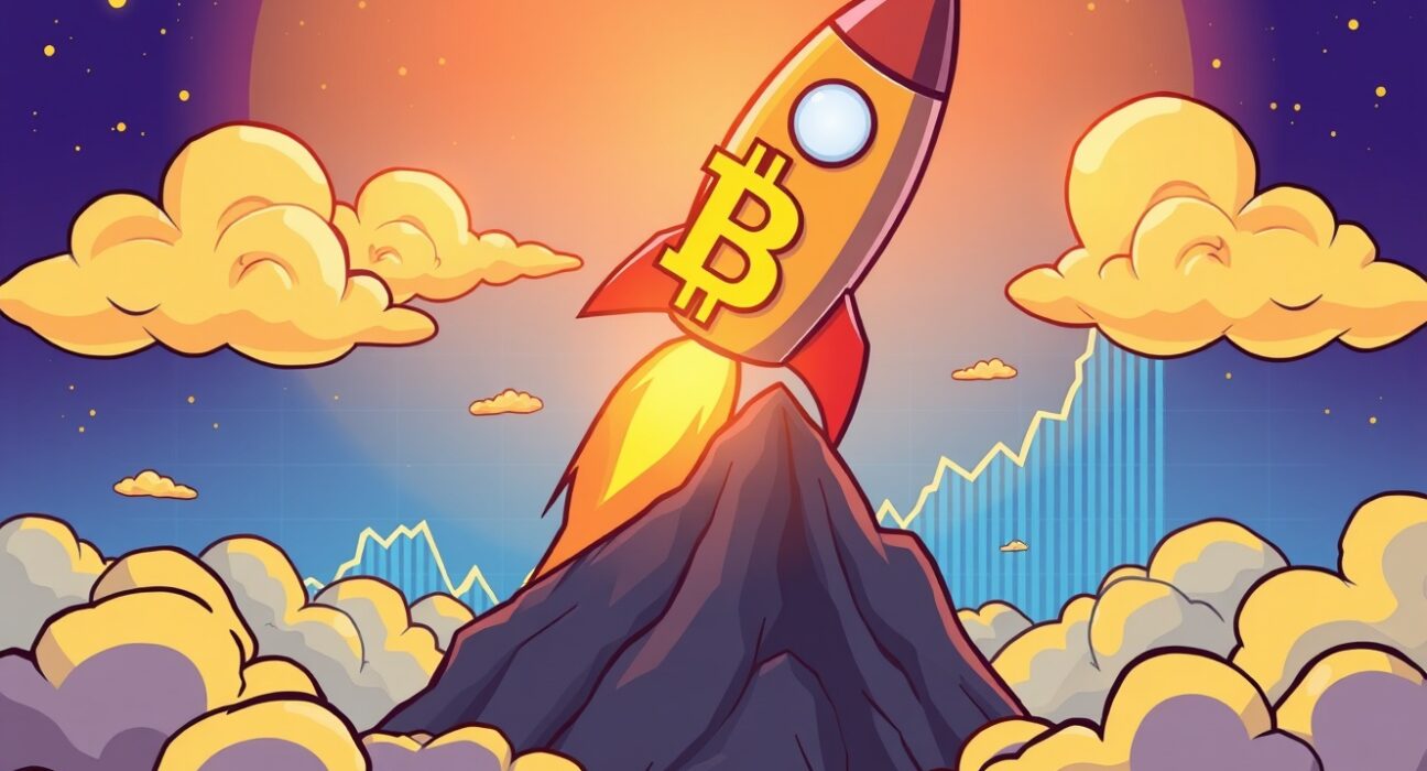 A cartoon illustration of a Bitcoin rocket breaking through resistance, symbolizing a potential new Bitcoin all-time high.