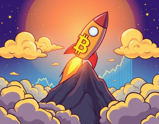 A cartoon illustration of a Bitcoin rocket breaking through resistance, symbolizing a potential new Bitcoin all-time high.