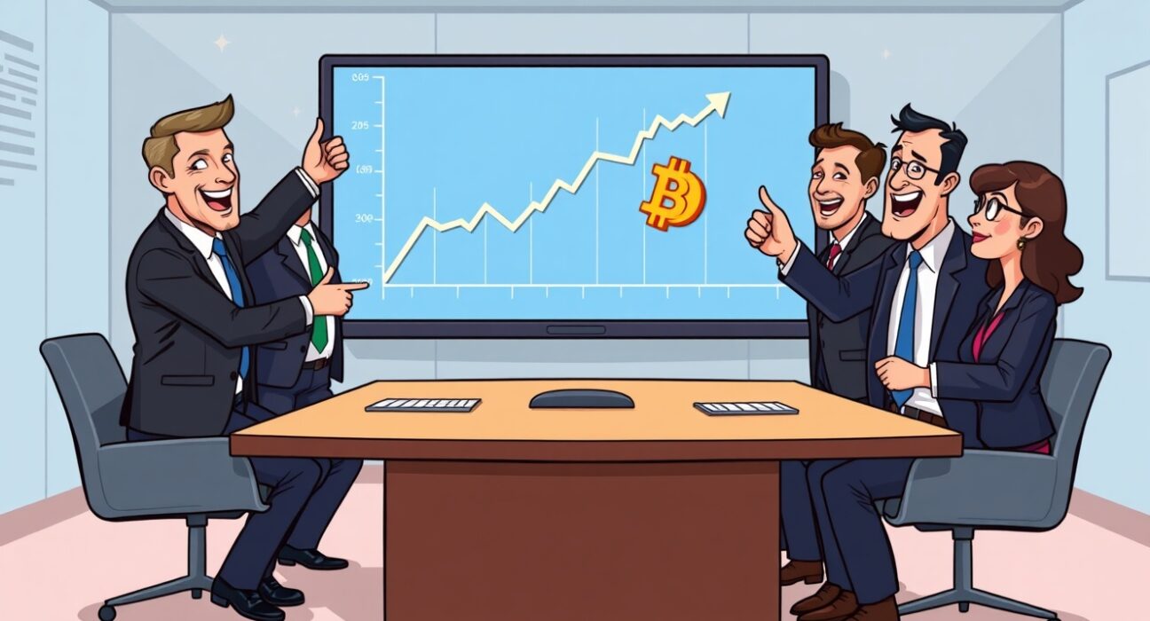 Cartoon showing financial experts discussing significant Bitcoin allocation, signaling growing institutional acceptance of cryptocurrency.