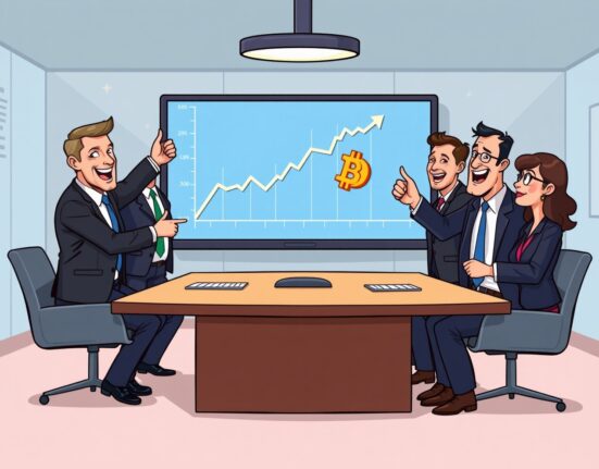 Cartoon showing financial experts discussing significant Bitcoin allocation, signaling growing institutional acceptance of cryptocurrency.
