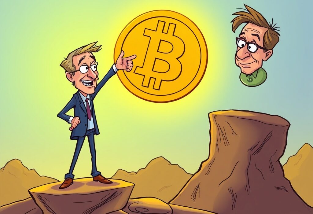 Cartoon showing Ray Dalio highlighting Bitcoin as a robust Bitcoin alternative to the fluctuating US dollar.