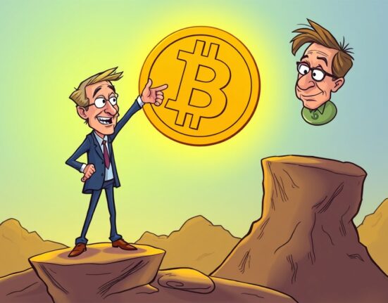 Cartoon showing Ray Dalio highlighting Bitcoin as a robust Bitcoin alternative to the fluctuating US dollar.