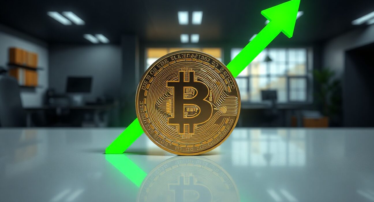 Bitcoin coin with green upward arrow on clean surface, representing bullish market forecast.